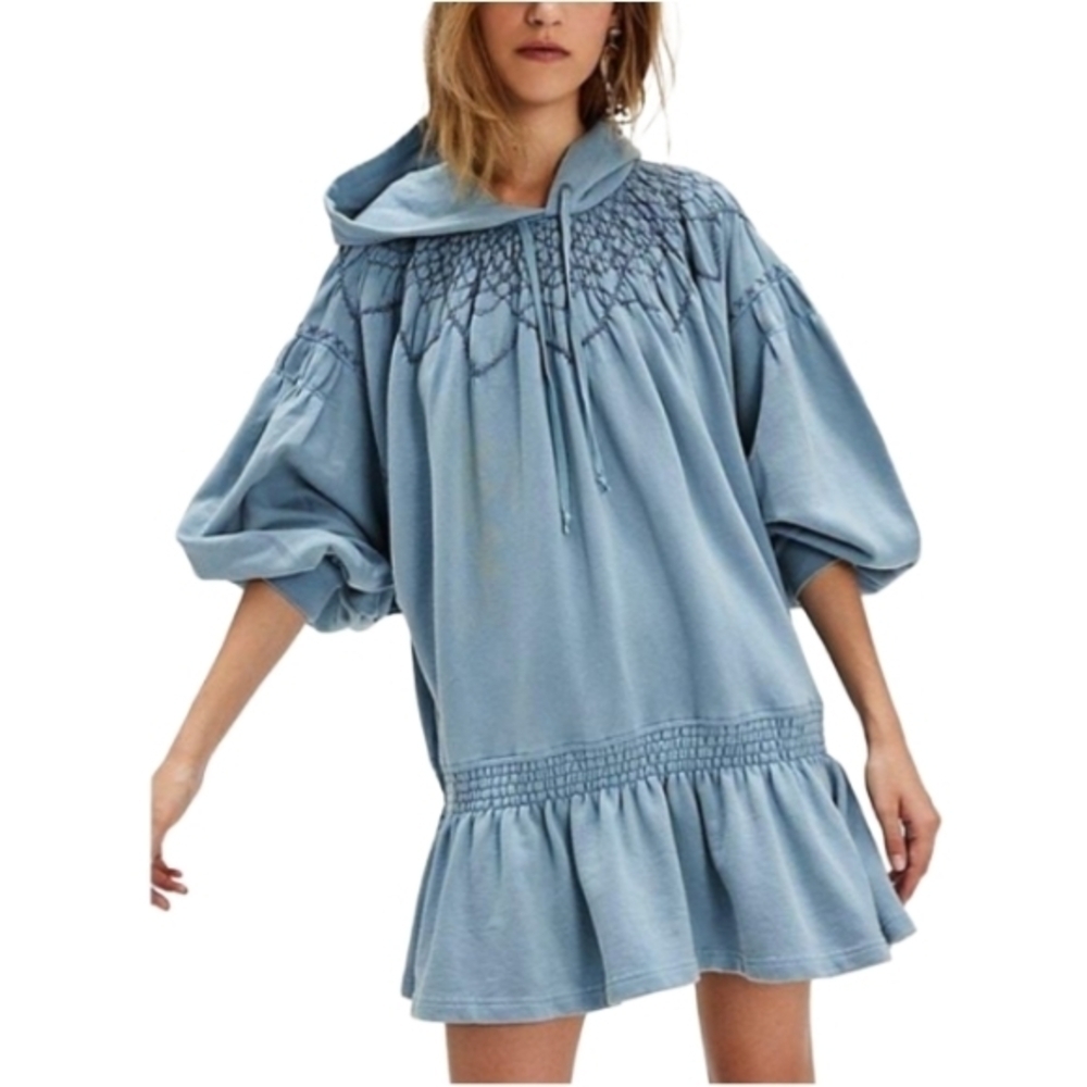Free People Womens Blue Marty Smocked Hooded Mini Dress Size Large